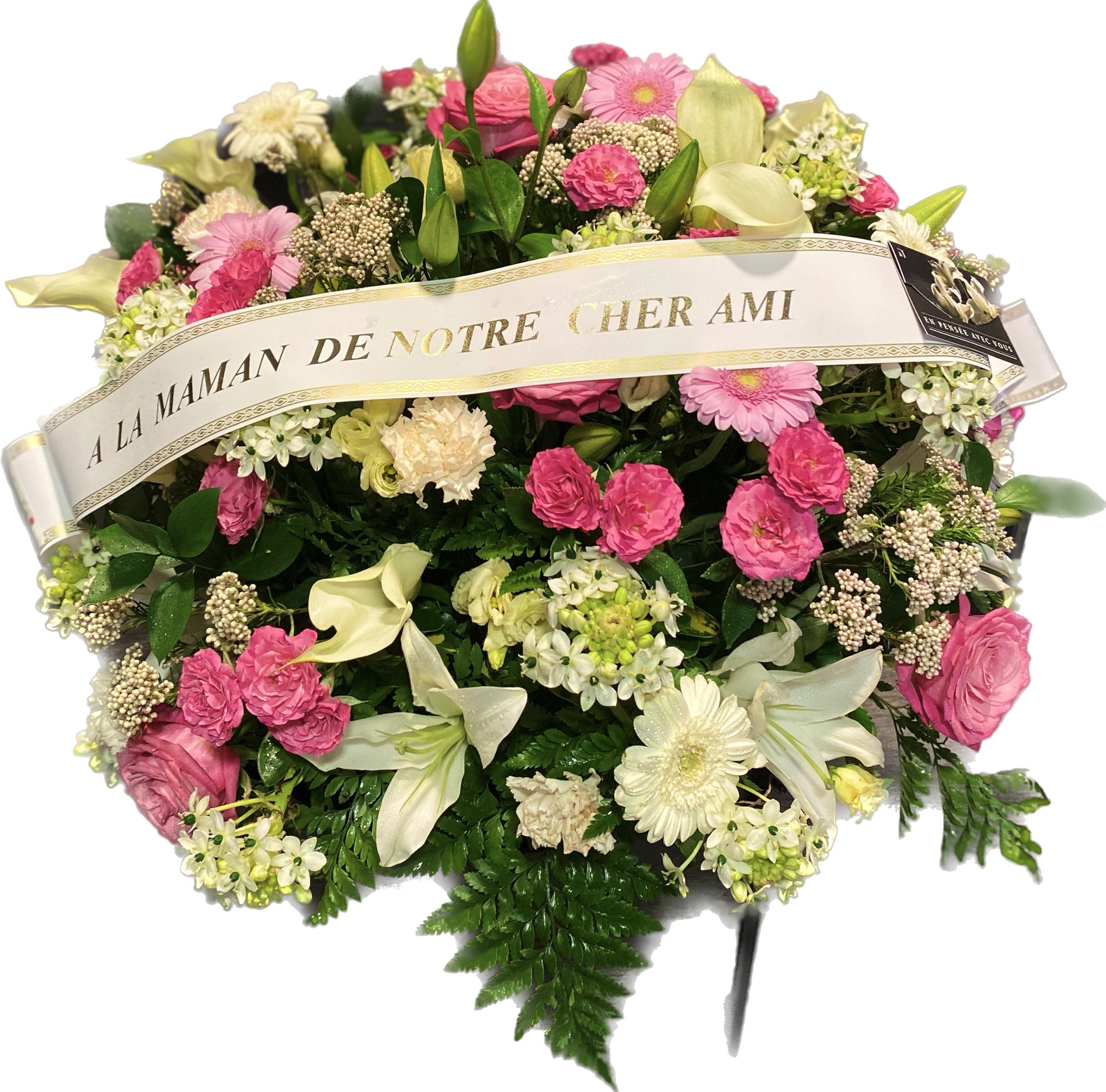 Coussin floral de deuil fuchsia, rose et blanc